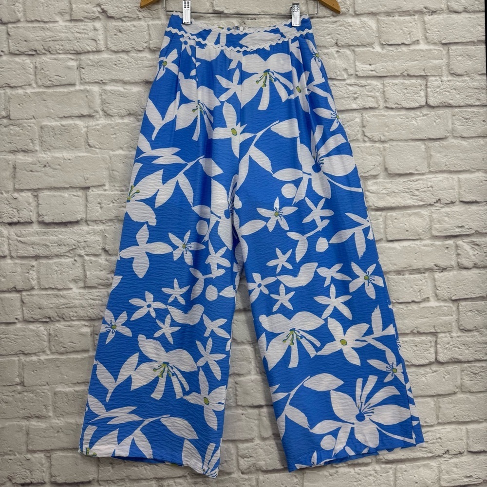 Mable Blue White Floral Wide Leg Crop Pants Beach Vacation Small FLAWED
